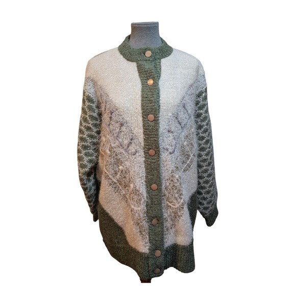 Boho Cottagecore Chunky Fuzzy Green White Sparkle Knitted Cardigan Jacket Snaps‎ - Picture 2 of 13